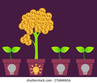 Profitable business Idea. Tree with money and pot with symbol ideas. Vector illustration

