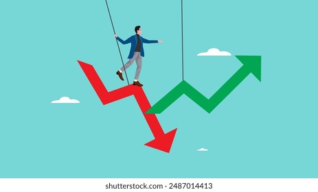 profitable business, investment into a profitable business for the future smart businessman moving from decline red graph to business growth graph