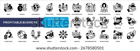 Profitable Business Mixed Icon Collection Containing Profit, Revenue, Sustainability, Market Trend, Competitive, Value Proposition