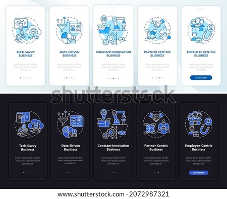 Profitable business model onboarding mobile app page screen. Company structure walkthrough 5 steps graphic instructions with concepts. UI, UX, GUI vector template with night and day mode illustrations