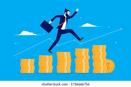 Profitable Business - Modern Businessman Jumping Up A Rising Chart Of Money To Achieve Higher Profits. Finance, Earnings, Success And Goal Concept. Vector Illustration.