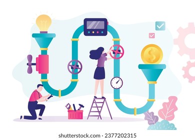 Profitable business project generation process. Business people, investors or co-founders work with money generator pipeline and pipe system with bright light bulb to generate and control startup.