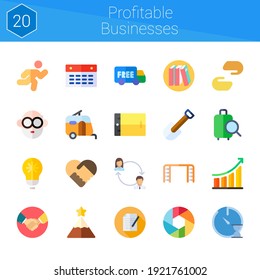 conjunto de iconos de negocios rentables. 20 íconos planos sobre temas de negocios rentables. colección de calendario, acuerdo, idea, contrato, pala, correr, pico, avatar, tablet, escalera, rendimiento