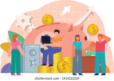 Profitable deal, successful deposit, income, savings growth. People stand near big piggy bank, money. Poster for presentation, web page, banner, social media. Flat design vector illustration