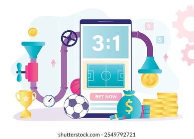 Jogos de azar rentáveis, moedas de ouro cai de torneira ligada ao telefone celular. Plataforma de apostas em aplicativo de smartphone. Jogos de azar online. Pedido de apostas desportivas. Jogo de futebol apostas. ilustração vetorial