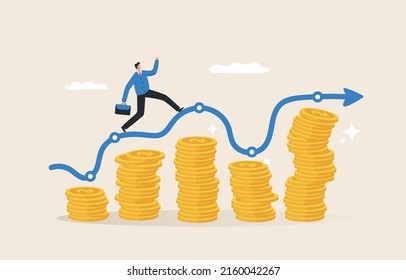Profitable growth. Growth from investing in the stock market. Growing a business or company.  businessman jumping on rising money coin stack.