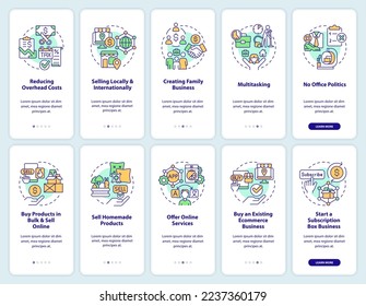 Profitable home based business onboarding mobile app screen set. Walkthrough 5 steps editable graphic instructions with linear concepts. UI, UX, GUI template. Myriad Pro-Bold, Regular fonts used