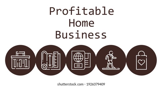 profitable home business background concept with profitable home business icons. Icons related blueprint, shopping bag, passport, walking, shopping basket