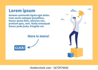 Profitable Idea for Business Success Flat Landing Page Design. Cartoon Businessman Winner Character Celebrating Victory. Man Holding Gold Trophy Cup Stands on Pedestal. Vector Illustration