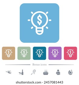 Profitable idea outline white flat icons on color rounded square backgrounds. 6 bonus icons included