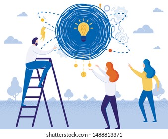 Profitable Idea, Searching Solution, Teamwork Metaphor. Leader on Ladder and Female Coworker Point to Light Bulb in Ropes Skein. Woman Collects Money. Cartoon Nature on Scene. Vector Flat Illustration