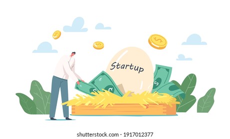 Profitable Idea, Start Up Project Development in Incubator. Tiny Businessman Character Take Dollar Bills from Birds Huge Nest with Startup Egg, Creative Business Strategy. Cartoon Vector Illustration