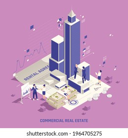 Profitable investing in real estate commercial buildings business office edifice tower rental income isometric composition vector illustration