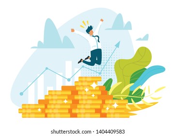 Profitable Investment, Funding Flat Vector Illustration. Stock Market Income. Successful Businessman Standing On Coins Stack. Millionaire Banker, Financier Cartoon Character. Diagram, Graph Growth