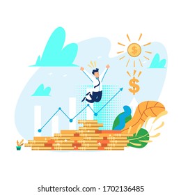 Inversión rentable, financiación de la ilustración vectorial plana. Ingresos del mercado de valores. Diagrama, crecimiento del gráfico. Exitoso hombre de negocios que se pone de pie sobre la pila de monedas. Banquero millonario, personaje de caricatura financiera.
