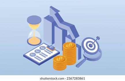 Ideas de inversión rentables.sobre fondo azul.Diseño 3D.diseño vectorial isométrico Ilustración.