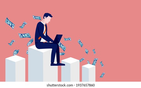 Profitable male freelancer - Man sitting on top of graph with laptop computer, earning lots of money. Vector illustration.