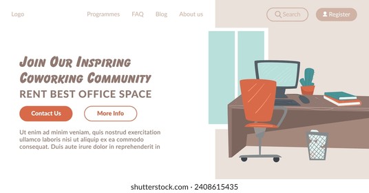 Profitable monthly rent of large rooms in office building. Availability of equipment for work. Internet and computers, printers scanners. Website landing page template, internet site. Vector in flat