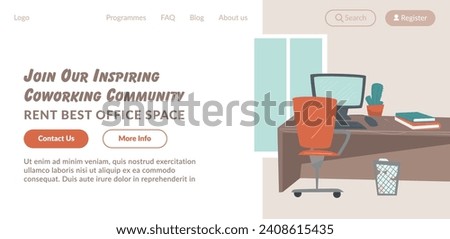 Profitable monthly rent of large rooms in office building. Availability of equipment for work. Internet and computers, printers scanners. Website landing page template, internet site. Vector in flat