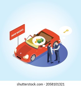 Nuevo modelo de coche rentable para la venta 3d concepto de ilustración vectorial isométrica para banner, sitio web, página de aterrizaje, anuncios, plantilla de volante