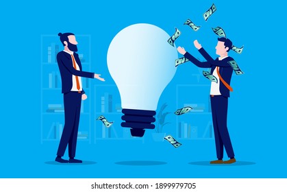 Profitable new idea - Two entrepreneurs coming up with business ideas and earning money. Vector illustration.