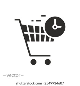 profitable offer time for shopping, shop cart with clock icon, sale best price, buy save in the supermarket, promotion purchase concept, flat vector illustration