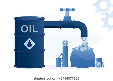 Industria petrolera rentable. Tubería, grifo abierto con flujo de dinero. Barril con enorme tubo y válvula. Flujo de caja, ganancias de la venta de petróleo crudo. Negocio de extracción de petróleo. Ilustración vectorial plana