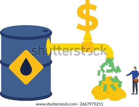 Profitable oil industry. Pipeline, open tap with money flow. Barrel with huge pipe and valve. Cash flow, earnings from sell of crude oil. Petroleum extraction business. Flat vector illustration


