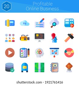 profitable online business icon set. 20 flat icons on theme profitable online business. collection of play, server, deal, hammer, smart home, list, intelligence, coding