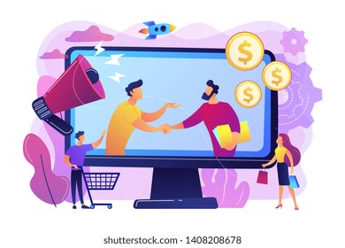 Profitable partnership, business partners cowork. Affiliate marketing, cost effective marketing solution, affiliate marketing management concept. Bright vibrant violet vector isolated illustration