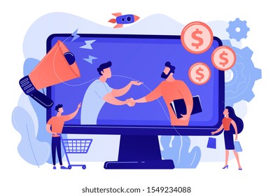 Profitable partnership, business partners cowork. Affiliate marketing, cost effective marketing solution, affiliate marketing management concept. Pink coral blue vector isolated illustration