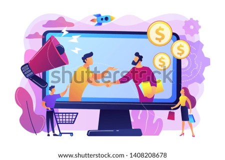 Profitable partnership, business partners cowork. Affiliate marketing, cost effective marketing solution, affiliate marketing management concept. Bright vibrant violet vector isolated illustration