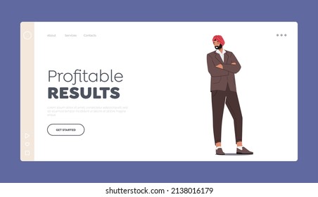 Profitable Results Landing Page Template. Indian or Pakistan Businessman Character Wear Red Turban, Brown Blazer and Pants Stand with Crossed Arms, Fashioned Man. Cartoon People Vector Illustration