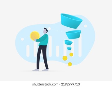 Ilustración del concepto de Fondos de Ventas Rentables. Carácter creado efectivo embudo de ventas de ecommerce generador de ingresos y recibe beneficios