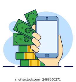 Profitable savings or investment concept, money on mobile Profitable savings or investment ideas. Business and finance, money saving theme. Career, salary, income benefits. flat vector illustration.