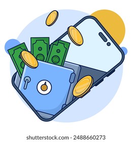 Profitable savings or investment concept, money on mobile Profitable savings or investment ideas. Business and finance, money saving theme. Career, salary, income benefits. flat vector illustration.