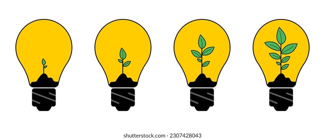 Las nuevas ideas de negocio surgen de nuevas empresas rentables. Bombillas amarillas brillantes, inversor de negocios que riega y crece árboles de dinero. Ilustración vectorial plana.