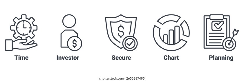 Profitable Strategies  icon set vector illustration concept with icon of time, investor, secure, chart, planning 