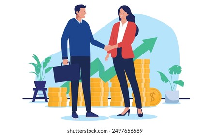 Profitable successful business deal - Two businesspeople shaking hands over agreement in front of rising money chart and green arrow pointing up. Partnership concept in flat design vector illustration