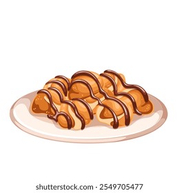 Profiteroles, bolas de pastelería de choux de dibujos animados franceses con crema. Plato de tartas rellenas con chispas de chocolate. Cocina de Francia, mascota del postre, Ilustración vectorial de profiteroles rellenos de dibujos animados