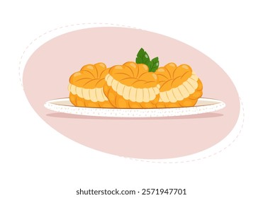 Profiteroles, a French dessert. Cakes with custard on a plate. Vector illustration