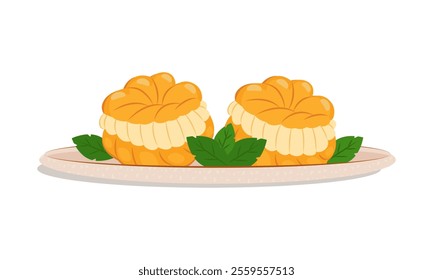 Profiteroles, a French dessert. Puff pastry with custard on a plate with mint leaves. Vector illustration