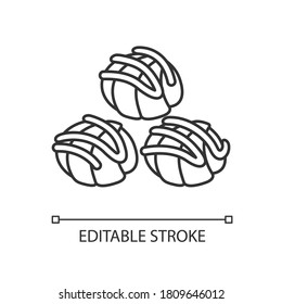 Profiteroles linear icon. Cream puffs with chocolate sauce. National French sweets and cuisine. Thin line customizable illustration. Contour symbol. Vector isolated outline drawing. Editable stroke