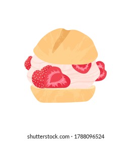 Profiteroles with whipped cream and strawberry vector illustration in flat cartoons style. Cute tasty dessert with berry flat icon with texture. Isolated on white. 