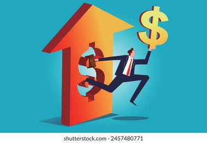 Profits from business or career growth, profits from successful investments, businessmen with dollar signs jumping out from inside arrow