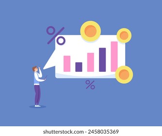 profits increase by several percent each year. the percentage of success continues to rise. profits continue to grow. a businessman views and analyzes income and profit data. illustration concept