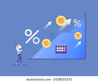 los beneficios aumentan en varios puntos porcentuales cada año. el porcentaje de éxito sigue aumentando. los beneficios siguen creciendo. un empresario ve y analiza los datos de ingresos y beneficios. ilustración concepto
