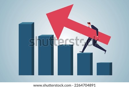 Profits increase, sales grow, more money is made or higher positions are obtained, and the businessman takes the rising red arrow up the bar chart