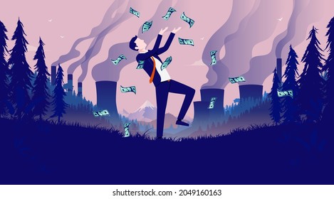 Profits From Pollution - Businessman Making Money From Climate Change. Dirty Money, Profitable Pollution, And Eco Unfriendly Concept Illustration.