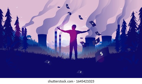 Profits from pollution - Man enjoying the view from polluting factories, smoke is rising, money is raining down. Dirty money, profitable pollution, and eco unfriendly concept illustration.